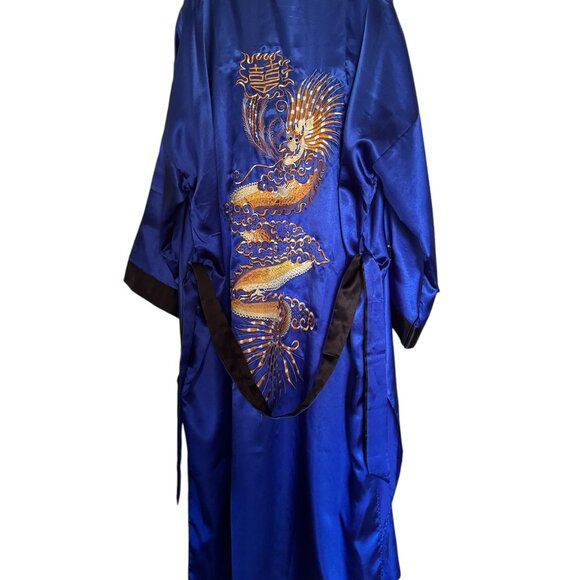 Underwraps Kimono Costume Dragon Women Blue Gold Full Length Satin Robe 1x Plus - Picture 2 of 12